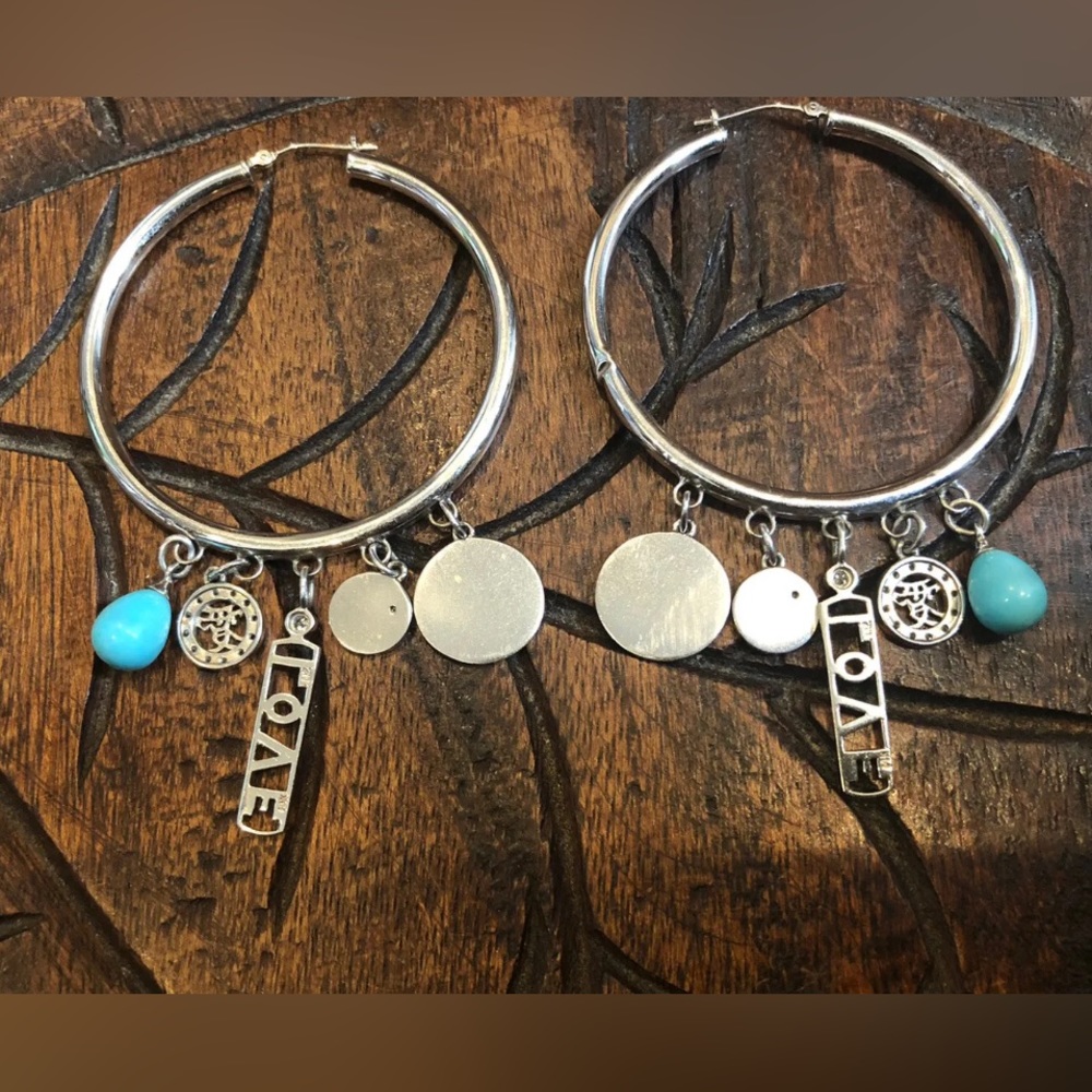 Mary Margrill 14k Gold “Love, I AM Blessed” Diam Turquoise Charms Hoop Earrings - Picture 6 of 8